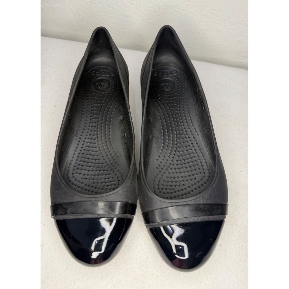 Crocs Cap Toe Flat Black Ballet Shoes Womens 8 Patent Accent 12300